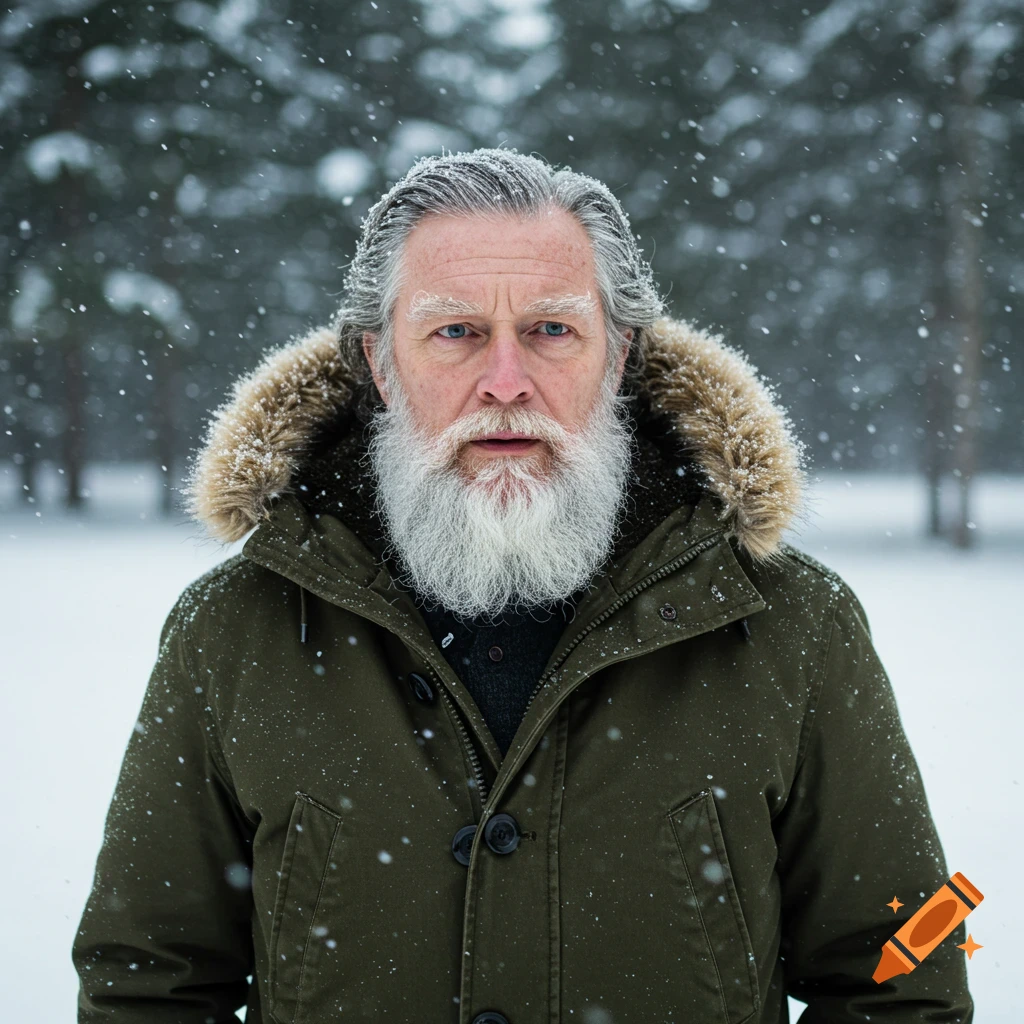 Photorealistic portrait of a man with a gray beard and parka in a snowy forest.