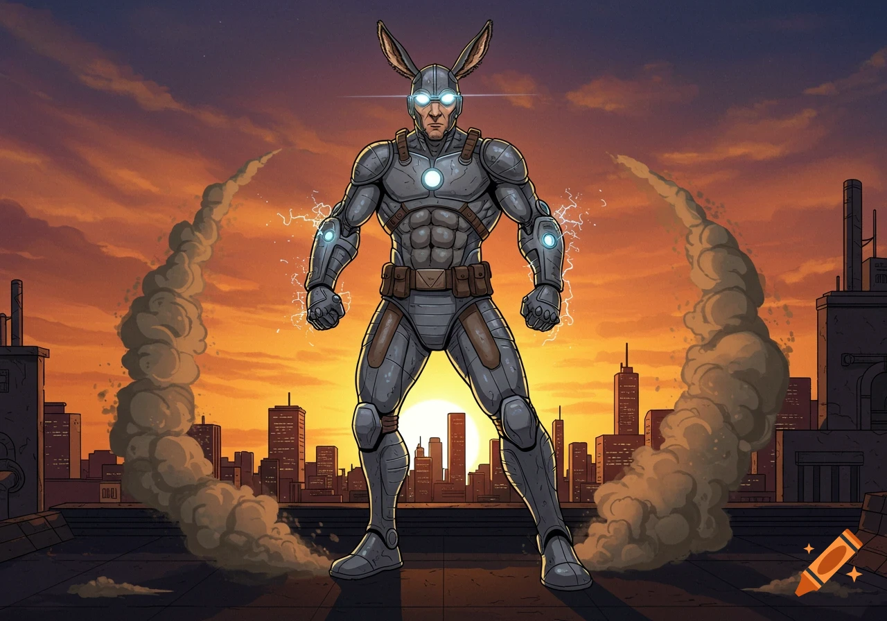 A comic art illustration of a muscular superhero with donkey ears, glowing eyes, and electrical energy, standing on a city rooftop at sunset.