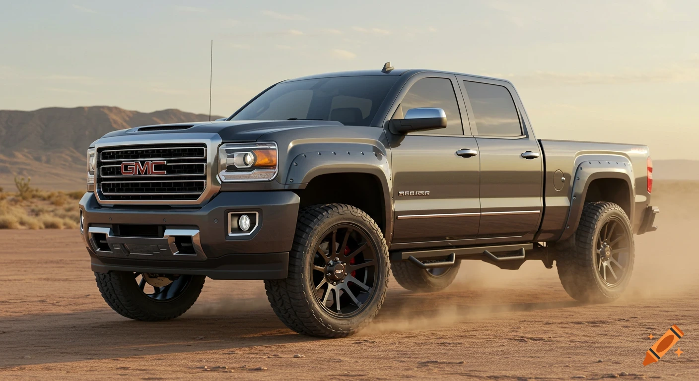A grey GMC Sierra pickup truck drives on a dirt road, kicking up dust. Mountains are in the background under a clear sky.