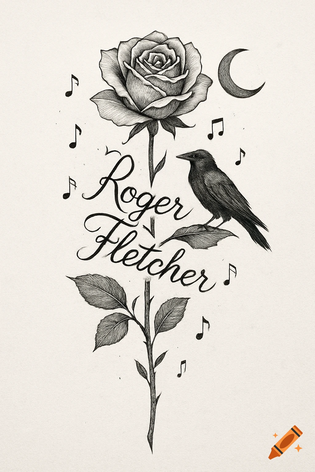 A black and white sketch of a rose with 'Roger Fletcher' written on its stem, a raven on a leaf, a crescent moon, and music notes.