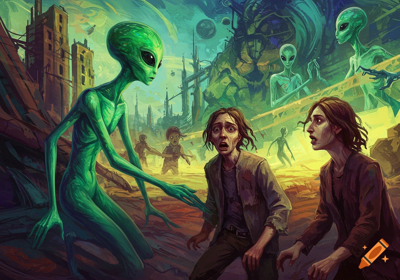 Expressionist painting of green aliens interacting with terrified humans in a ruined futuristic city.