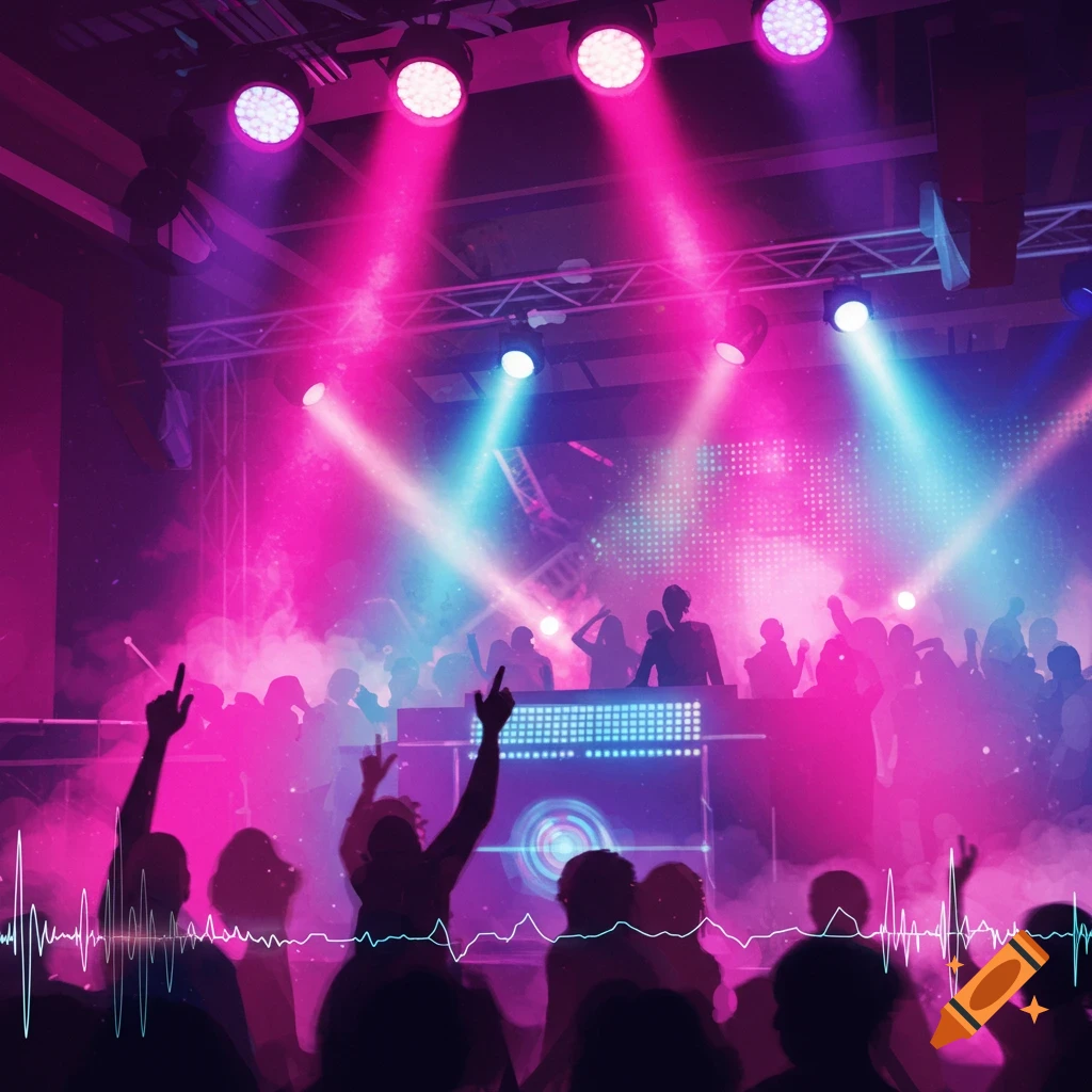 A vibrant club scene with a DJ and a silhouetted crowd dancing under pink and blue lights, with a sound wave overlay.