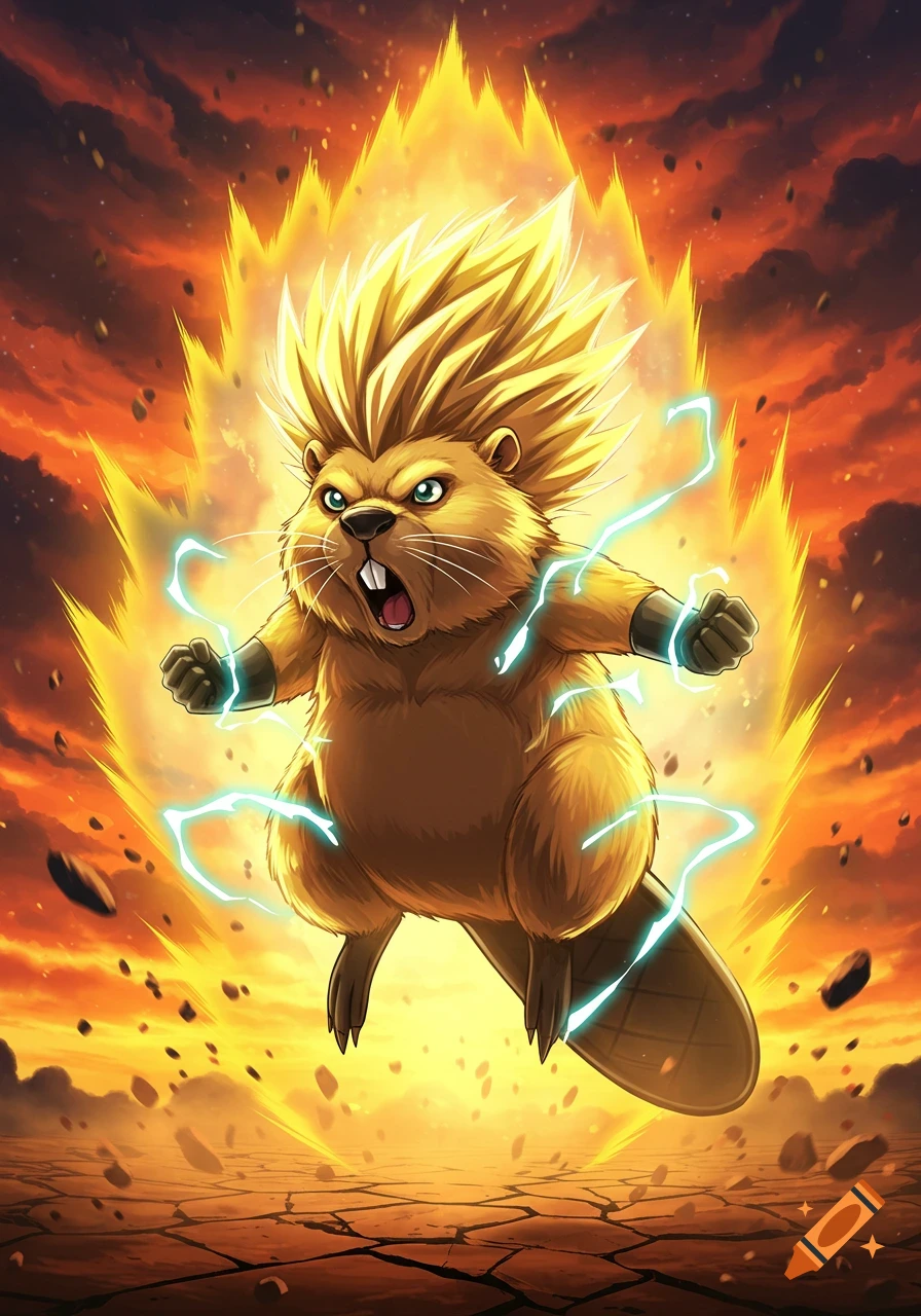 An angry anime beaver with spiky golden hair and glowing aura, crackling with lightning, floats above a cracked earth.