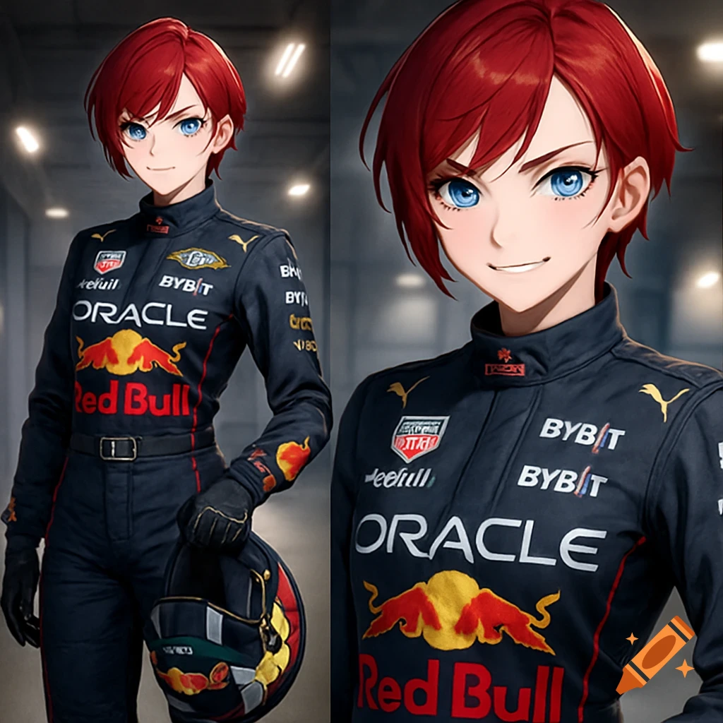 Anime female race car driver with red hair and blue eyes, wearing a dark Red Bull racing suit, holding a helmet.