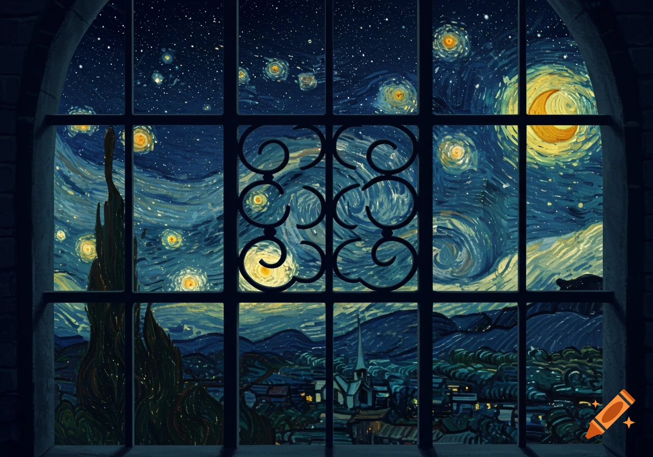 A dark window with a metal grate frames a view of a swirling, starry night sky with a crescent moon above a village landscape, in the style of Van Gogh.