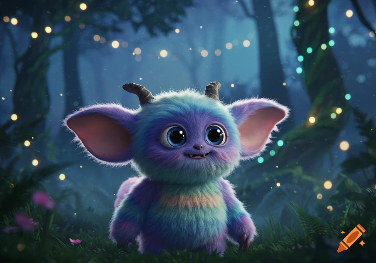 A cute, fluffy blue and purple monster with big eyes and horns stands in a dark magical forest with glowing lights.