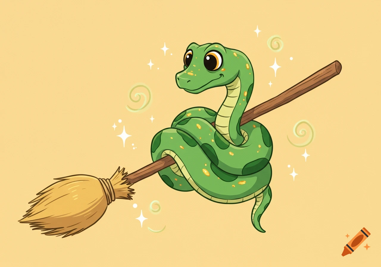 A cute cartoon green snake with big eyes is wrapped around a brown broomstick, flying amidst magical sparkles and swirls on a light yellow background.