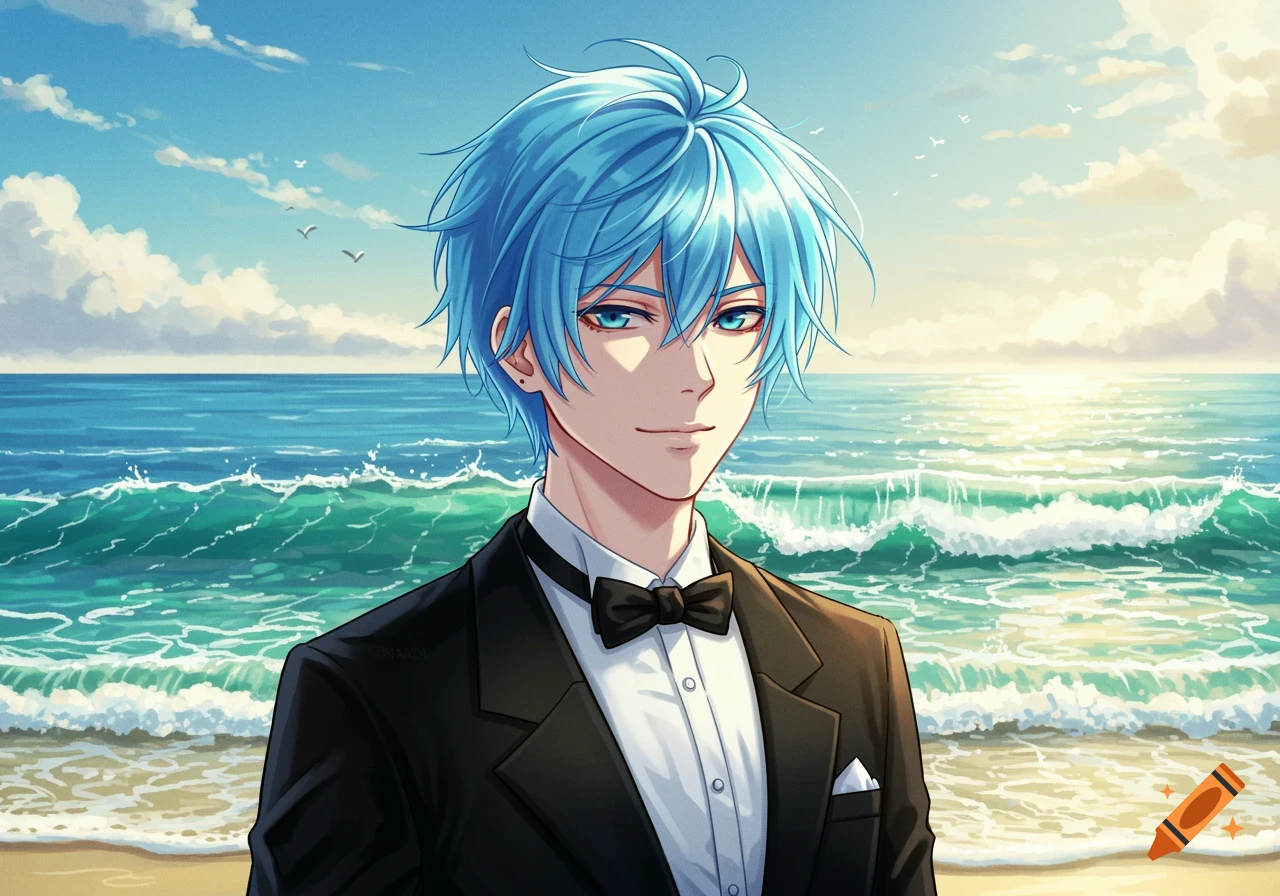 An anime art style male character with light blue hair wearing a black tuxedo stands on a beach with the sea and sky in the background.