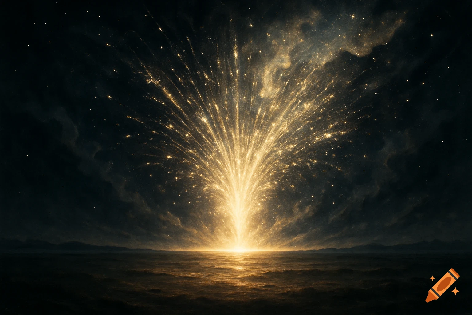 A brilliant golden light bursts upwards from a dark ocean, illuminating the vast, starry night sky with ethereal glow.