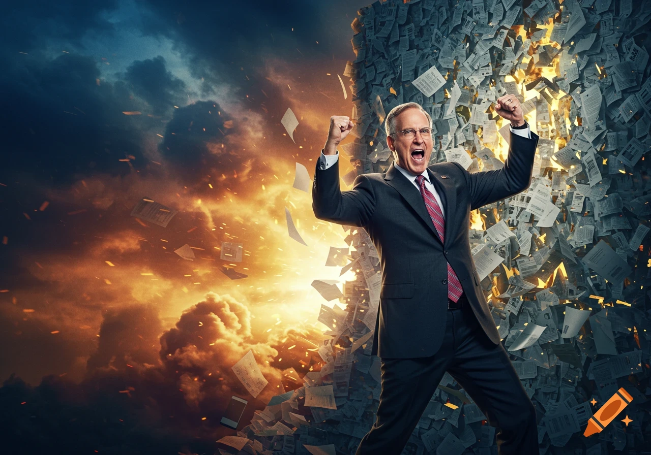 A man in a suit cheers triumphantly amidst a fiery explosion on one side and a torrent of papers on the other, symbolizing a victory over bureaucracy.