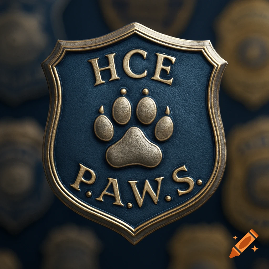 A gold and dark blue shield-shaped badge featuring 'HCE' above a paw print and 'P.A.W.S.' below, rendered with metallic texture.