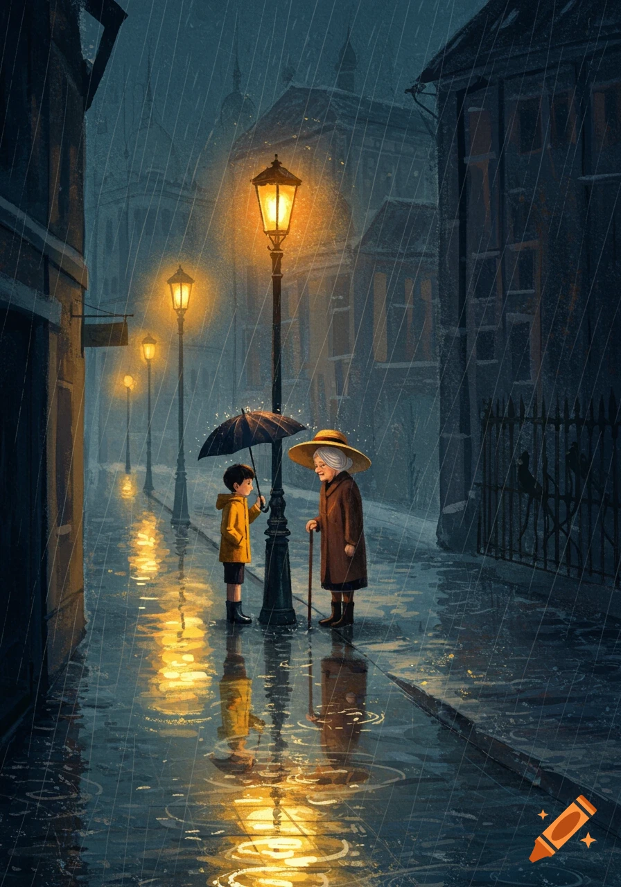 A boy shares an umbrella with an elderly woman on a rainy, lamplit street in an illustration.
