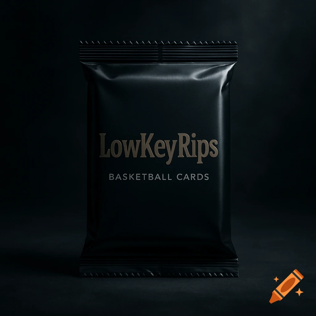 A photorealistic image of a black basketball card pack with 'LowKeyRips' and 'BASKETBALL CARDS' on a dark background.