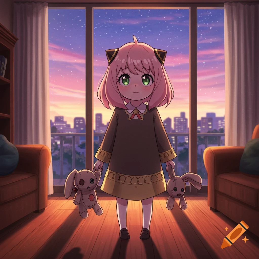 Anime style image of Anya Forger holding two stuffed bunnies, standing in a room with a city view at sunset.
