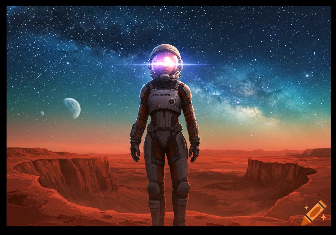 A lone astronaut stands on a red, barren alien planet under a vibrant starry night sky with two moons.