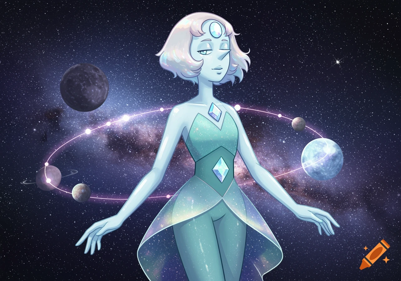 An anime-style character, Pearl, floats in deep space surrounded by planets and stars.