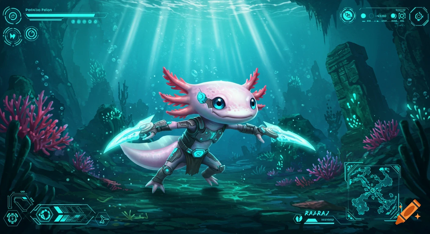 A cute pink axolotl character in futuristic armor with glowing blades swims underwater, surrounded by a sci-fi gaming HUD.