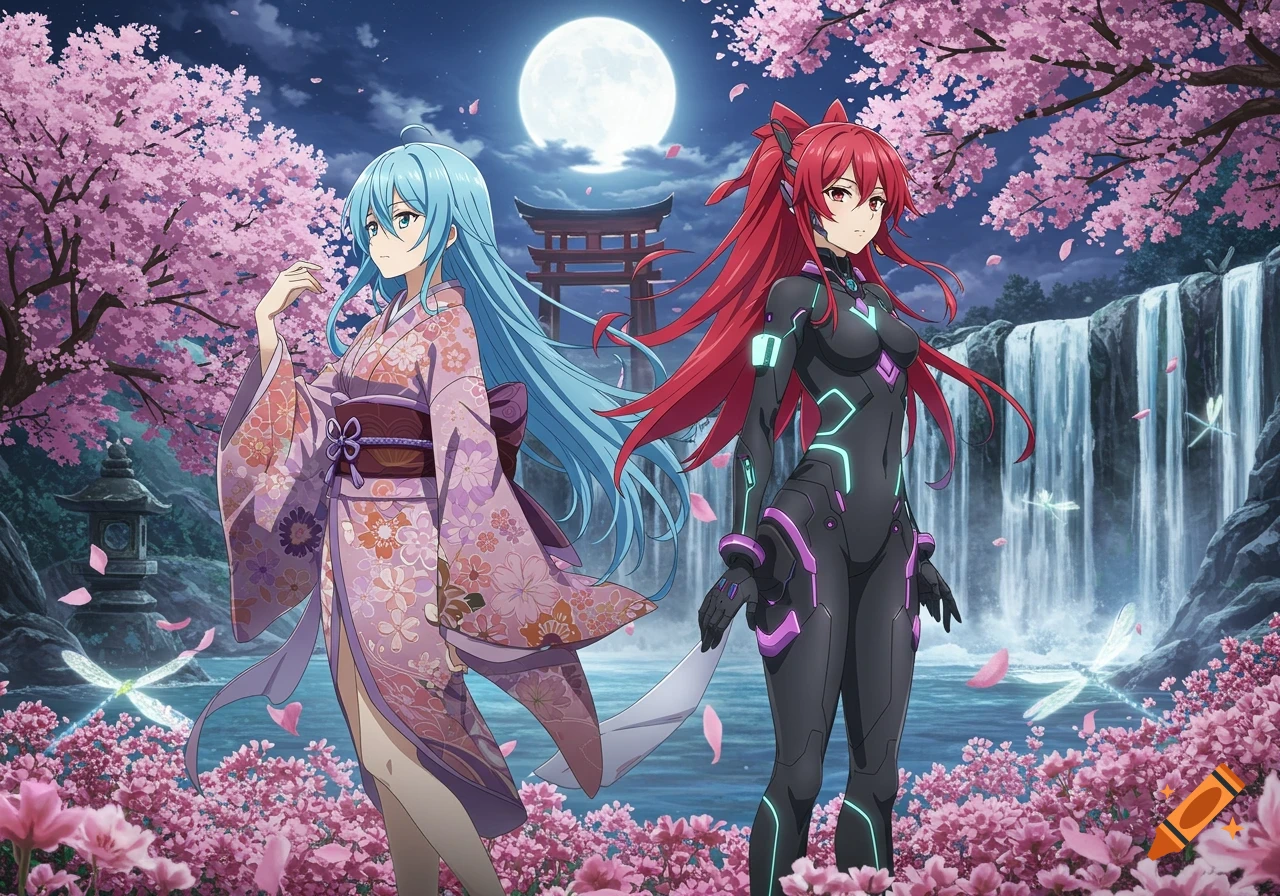Two anime women, one in a pink kimono and one in a black futuristic suit, stand among cherry blossoms and a waterfall under a full moon.