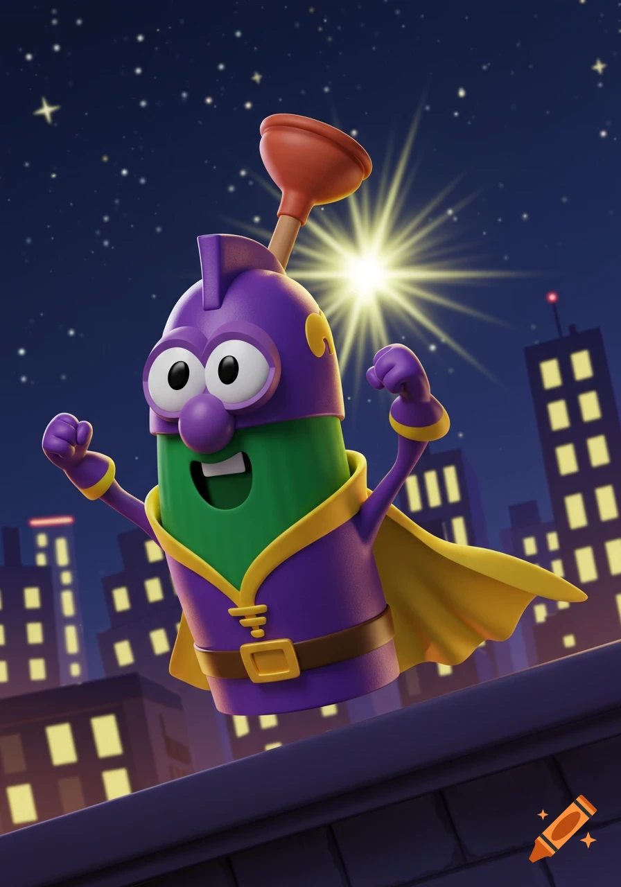 LarryBoy, a green cartoon superhero with a plunger on his head, flies over a city skyline at night in a purple and yellow suit.