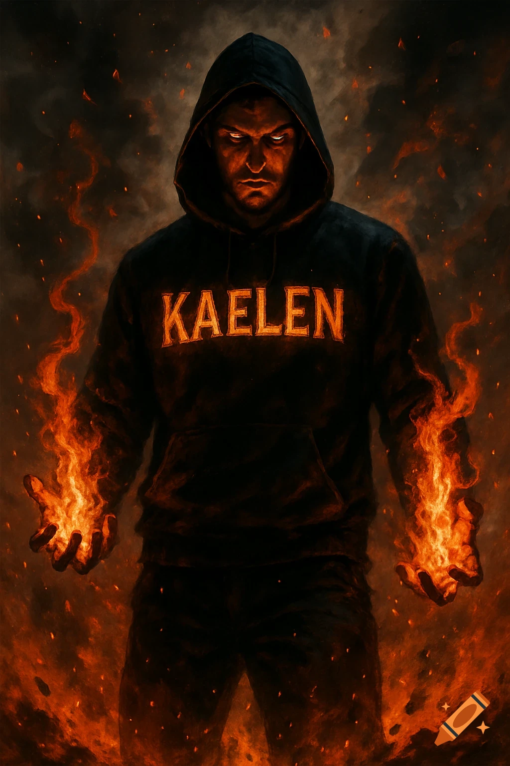 A dark, hooded man with glowing eyes, standing amidst flames with fire emanating from his hands, the name 'KAELEN' glowing on his hoodie.