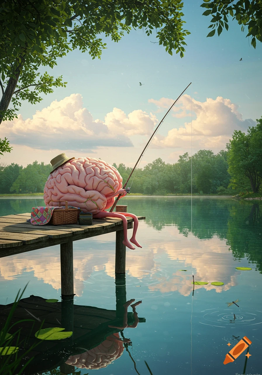A photorealistic 3D rendering shows a large, anthropomorphic brain wearing a straw hat and sitting on a wooden pier, fishing in a calm lake.