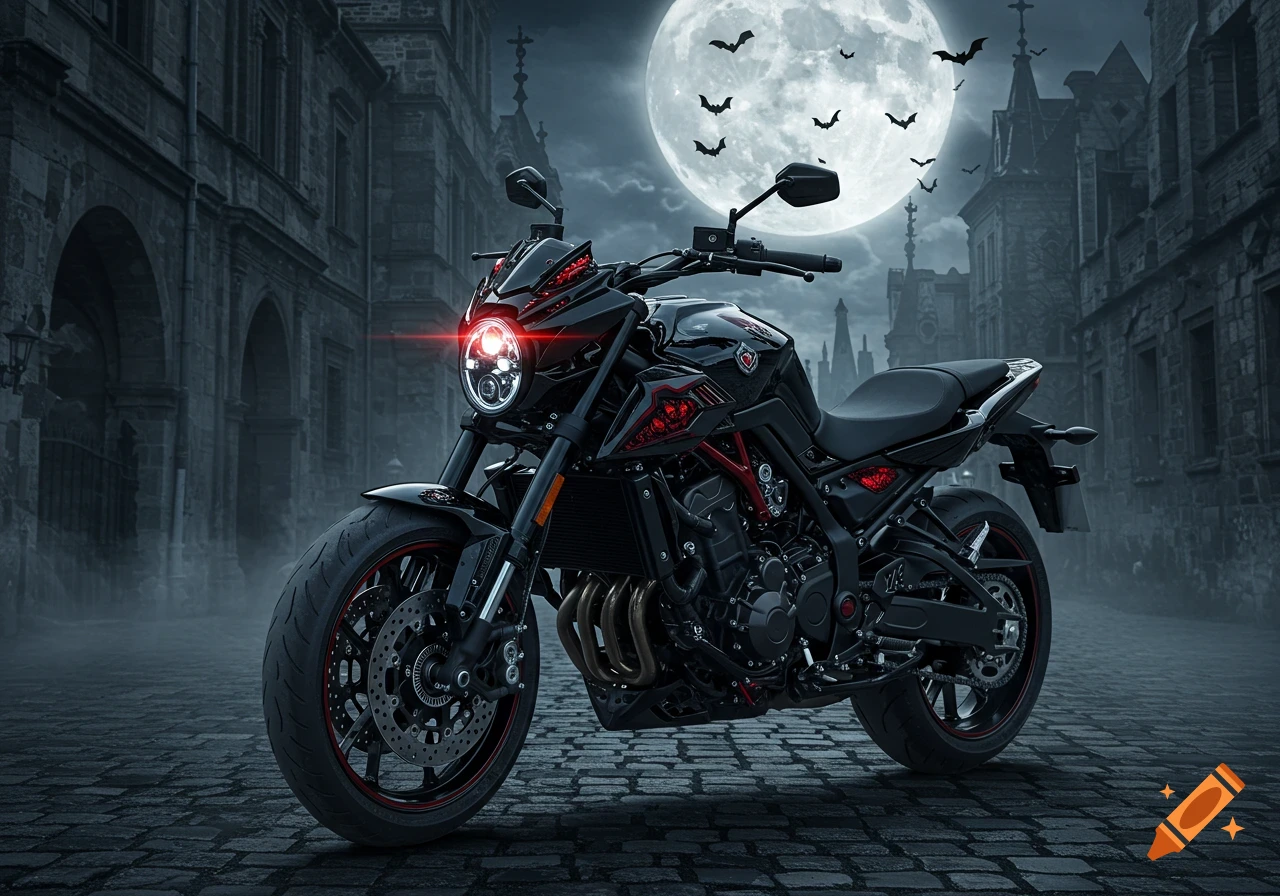 A black and red vampire-themed motorcycle with glowing red headlights on a cobblestone street, gothic buildings under a full moon with bats.