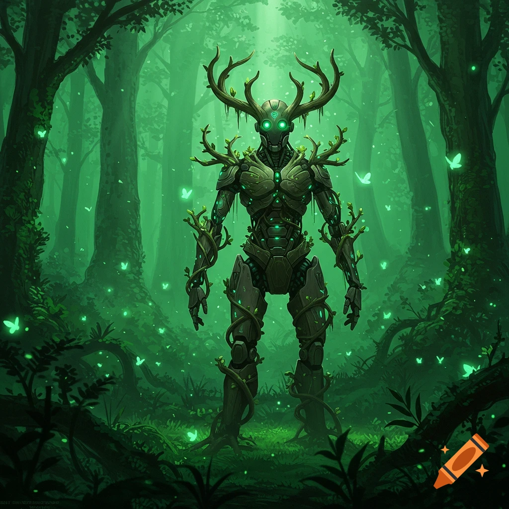 A robotic figure adorned with antlers and vines stands in a glowing green forest with luminous butterflies, fantasy art style.