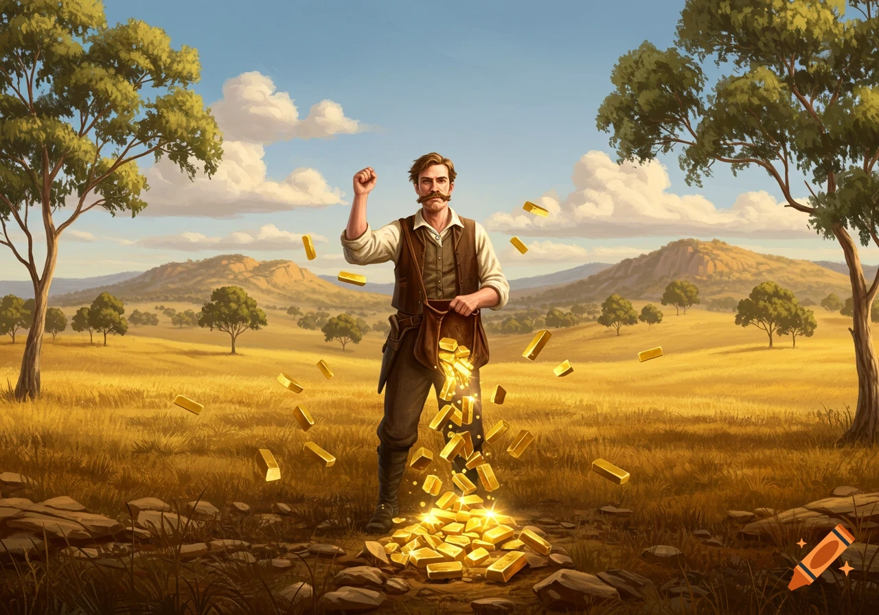 A historical prospector stands in a golden field, holding a bag spilling glittering gold bars, with mountains in the background.