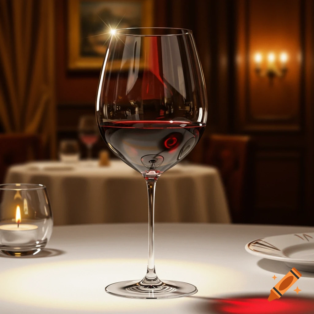 A full glass of red wine sits on a white tablecloth in a dimly lit restaurant with a glowing candle.