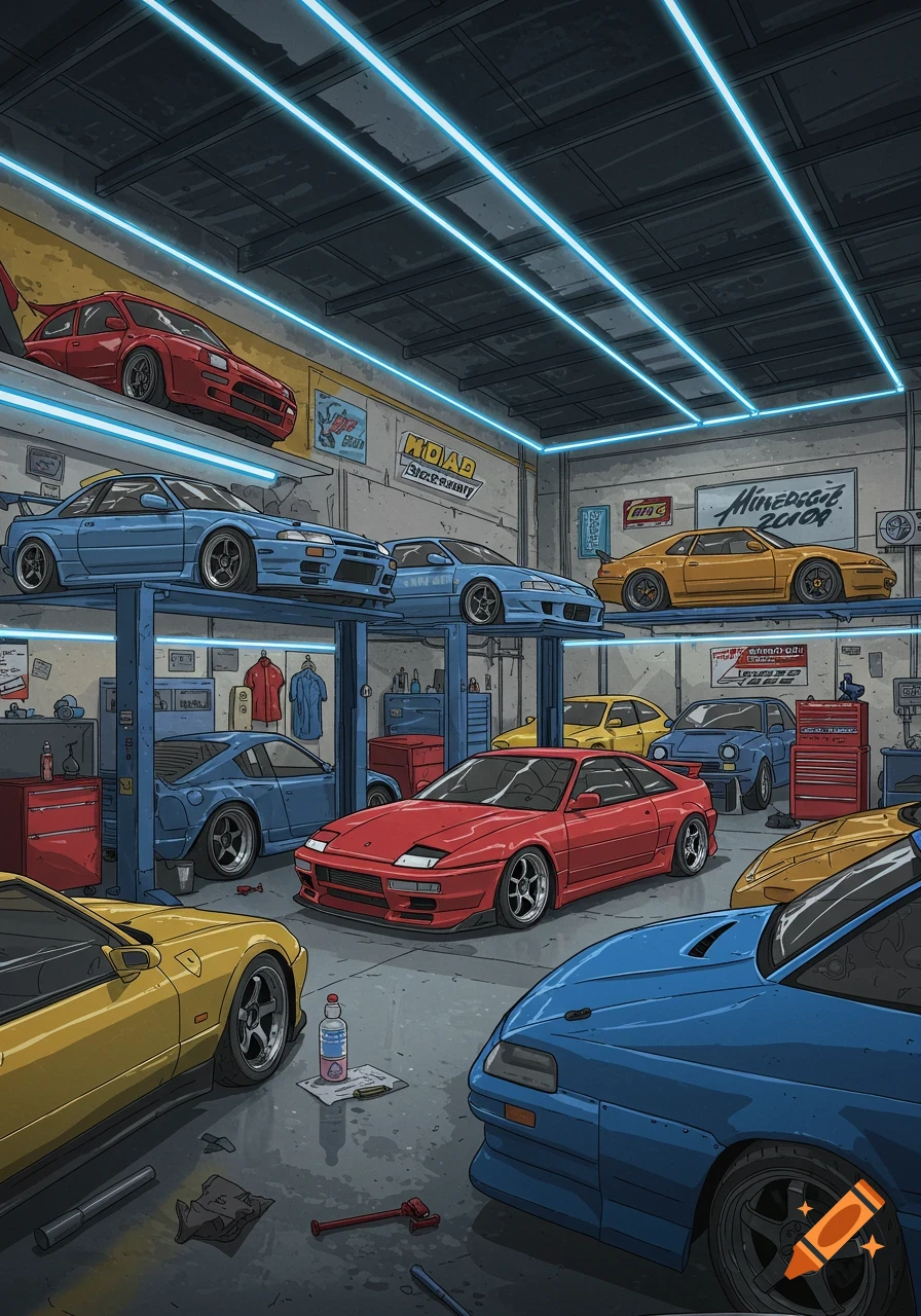 An anime-style garage packed with a variety of sports cars and JDM cars under bright neon blue lights.