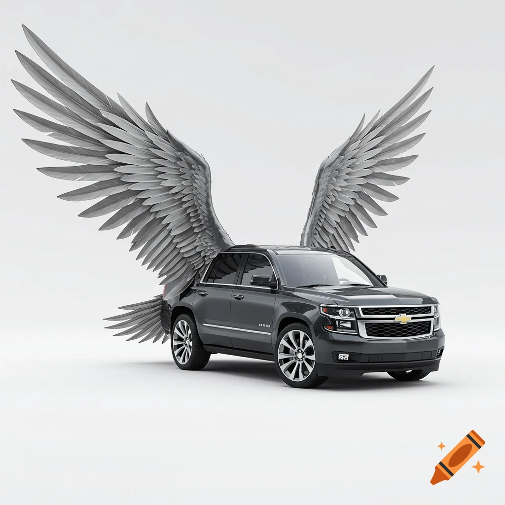 Photorealistic studio shot of a dark gray Chevrolet Tahoe SUV with large silver wings on a white background.