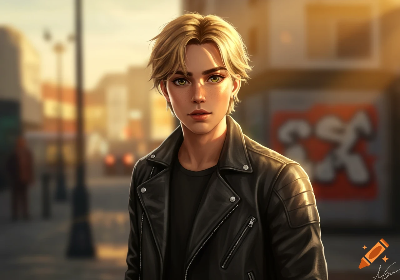 Digital art portrait of a blonde-haired person with green eyes in a black leather jacket on a blurry urban street at sunset.