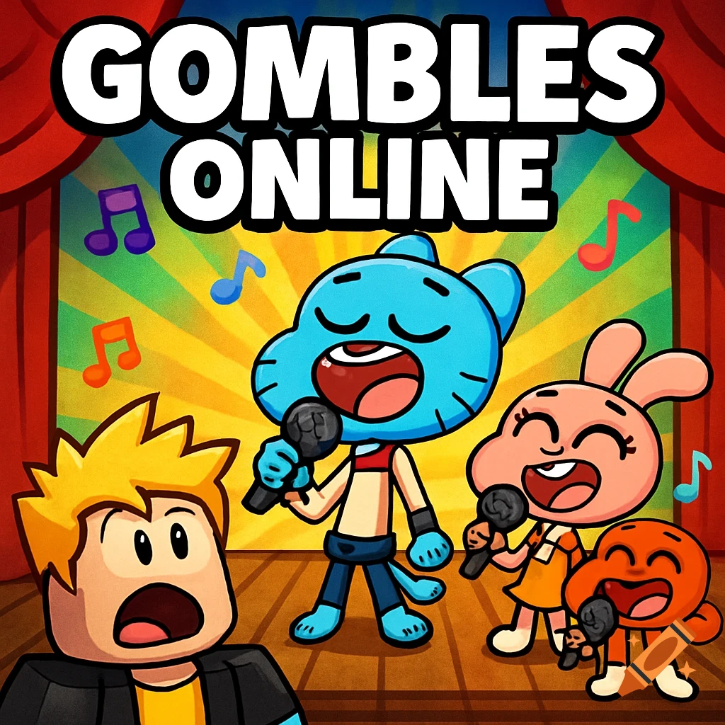 A colorful cartoon image featuring Gumball, Darwin, and Anais singing on a stage with a Roblox character, titled GOMBLES ONLINE.