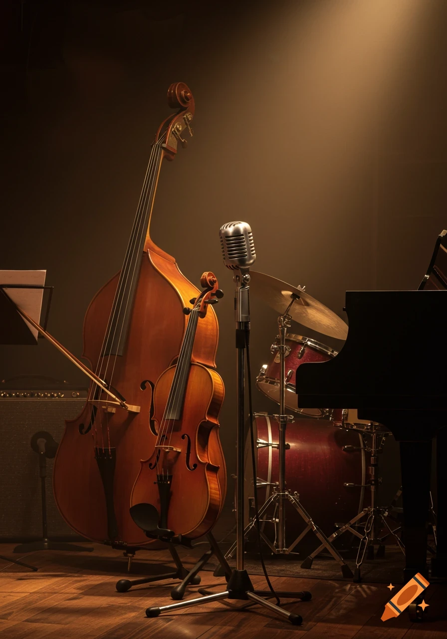 A spotlight illuminates a standup bass, violin, microphone, drums, and grand piano on a wooden stage.
