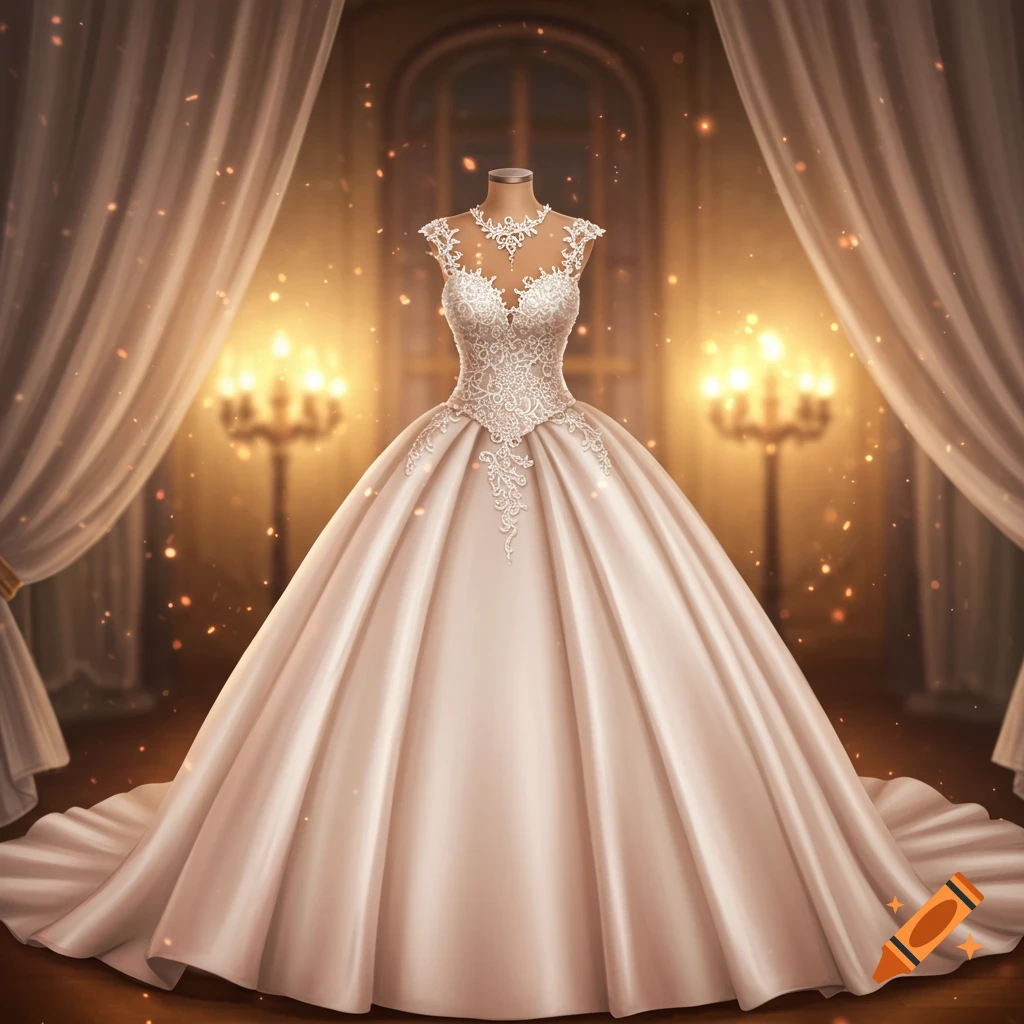 A white ballgown wedding dress with a sweetheart neckline on a mannequin in a grand, warmly lit room with shimmering light.