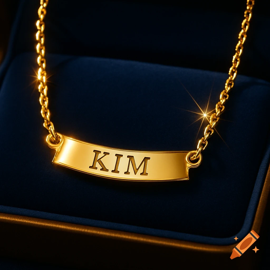 Close-up of a gleaming gold necklace with a curved nameplate engraved with the name 'KIM', resting on dark blue velvet.