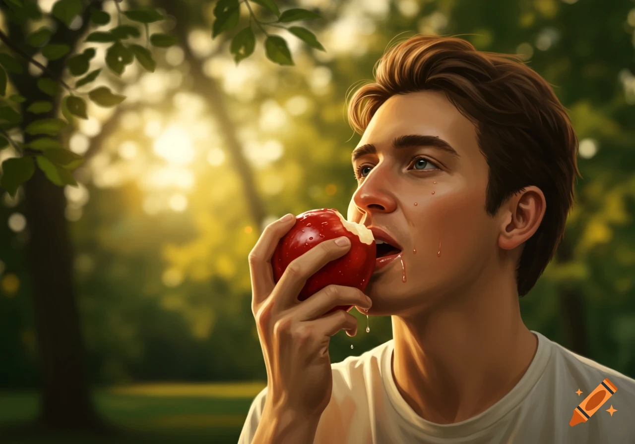 A young man with brown hair eats a red apple outdoors with juice dripping, sunlight filtering through trees.