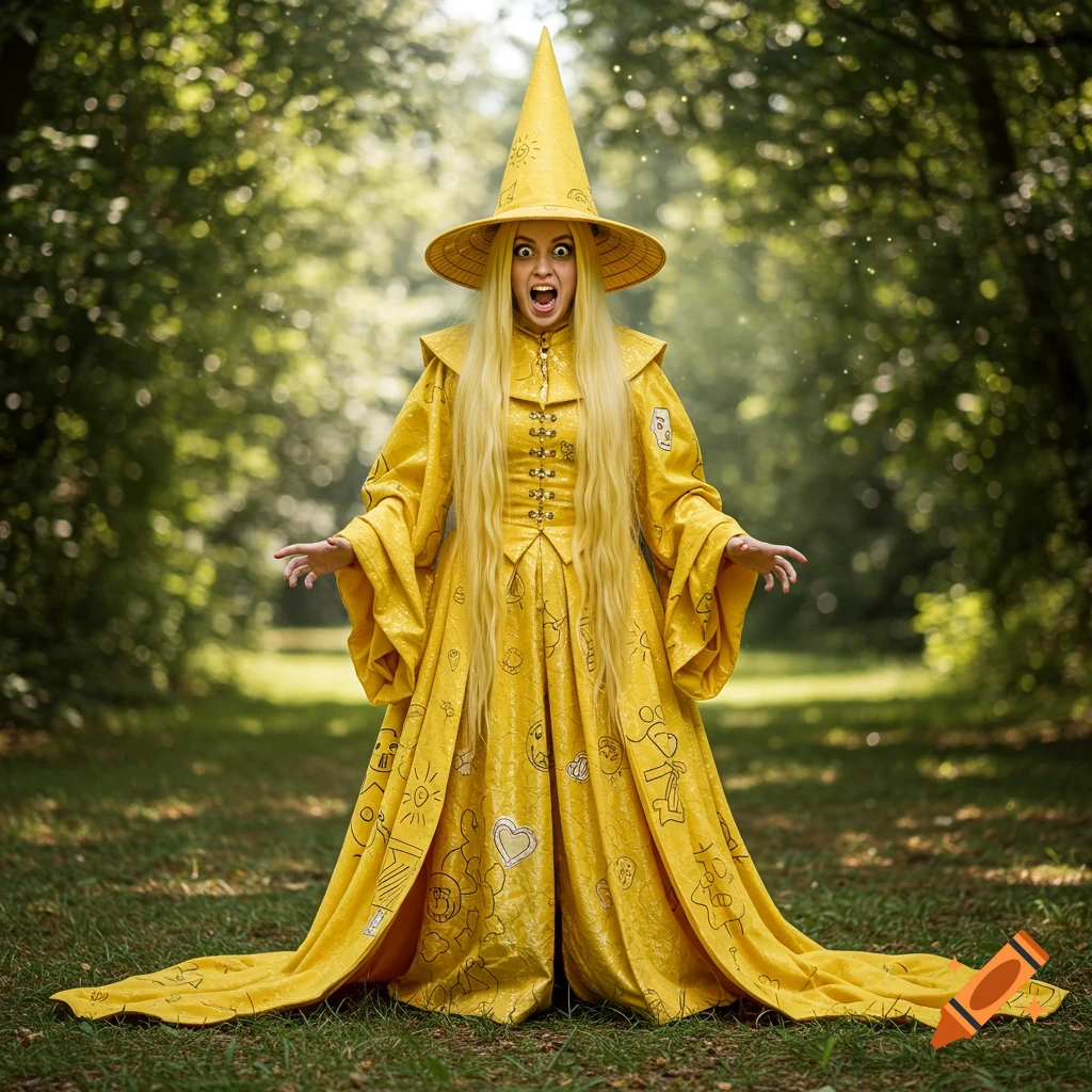 A yellow-clad sorceress with long blonde hair and a conical hat stands in a forest, screaming with a manic expression.