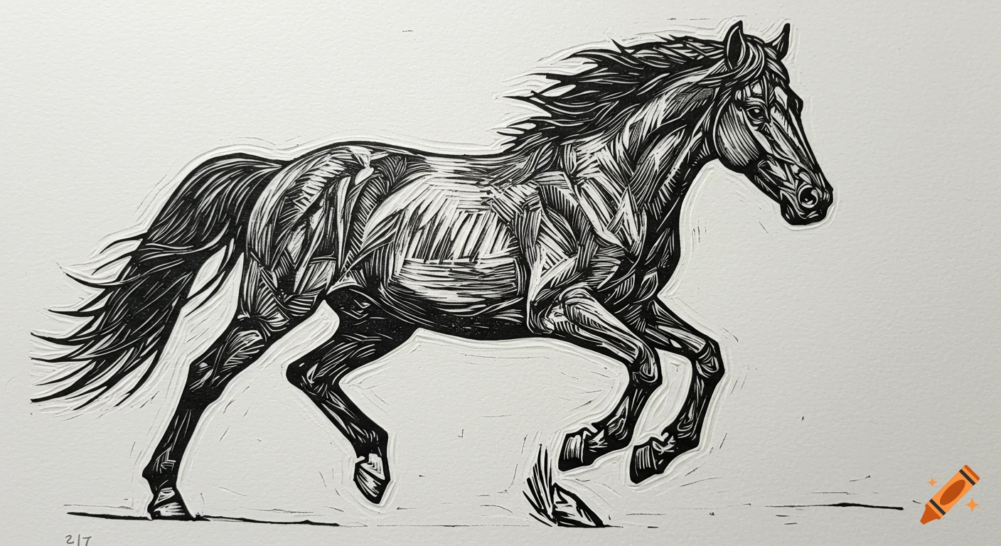 A black and white linocut print of a horse galloping.