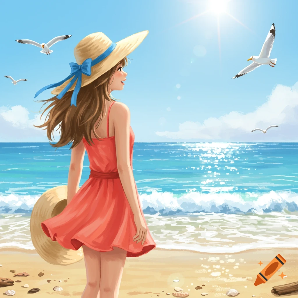 A stylized illustration of a girl in a straw hat and red dress looking out at the ocean from a sunny beach with seagulls.