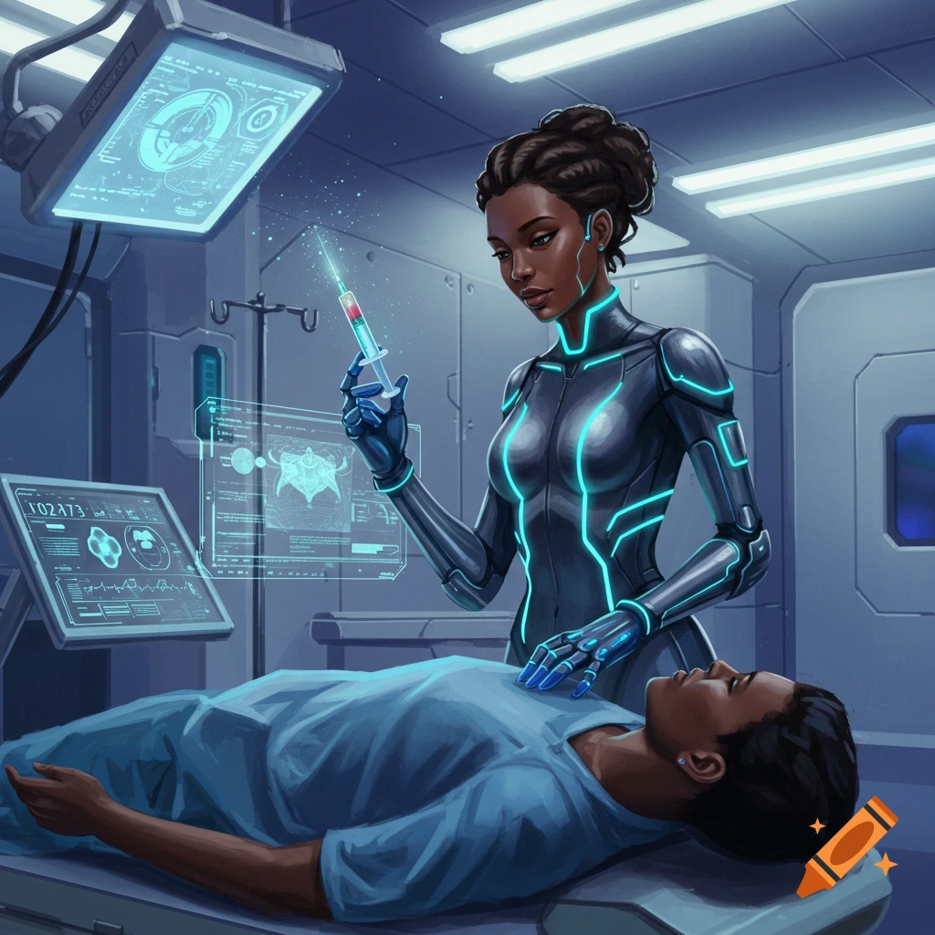 A futuristic Black female doctor in a glowing suit administers a shot to a patient in a sci-fi medical room with holographic screens.
