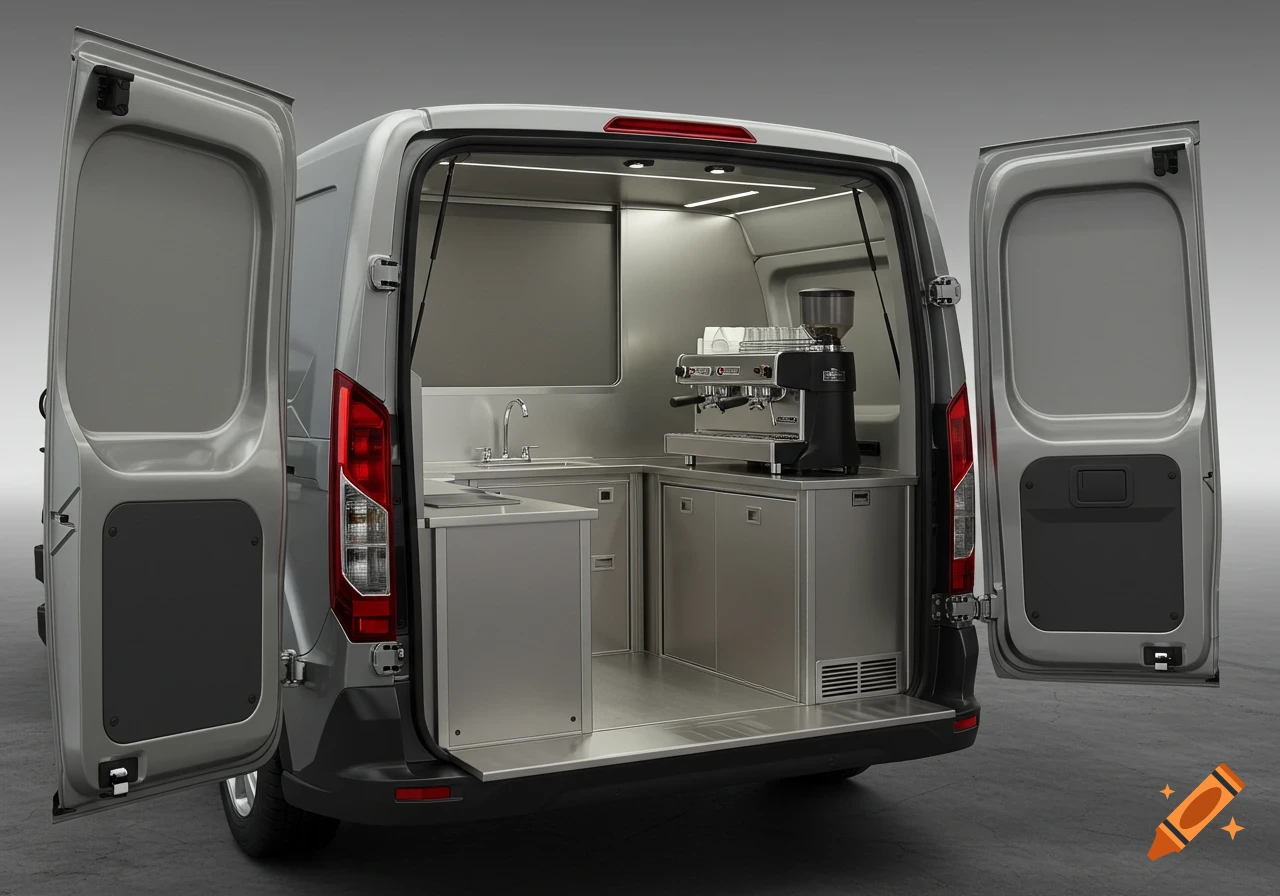 Photorealistic image of a silver van's rear with open doors, revealing a complete stainless steel mobile coffee setup, including an espresso machine, grinder, and sink.