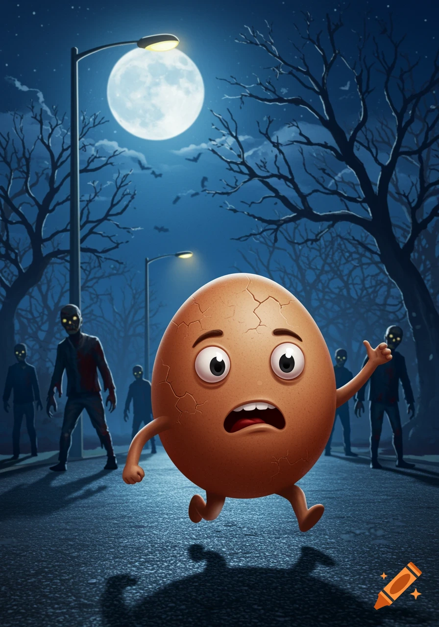 A scared cartoon egg with cracks running on a dark street under a full moon, pursued by green-eyed zombies.