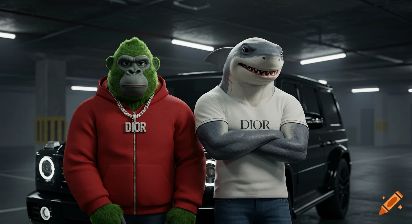 A photorealistic 3D rendering of a green gorilla in a red hoodie and a shark in a white t-shirt, standing in a garage with a black SUV.