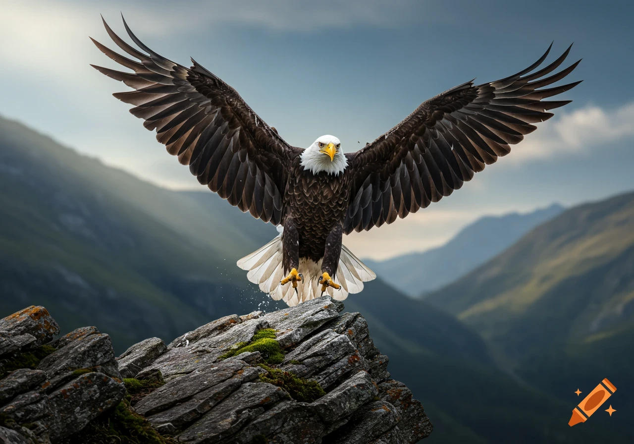 Photorealistic bald eagle with wings outstretched taking off from a mossy rock perch in a mountainous landscape.