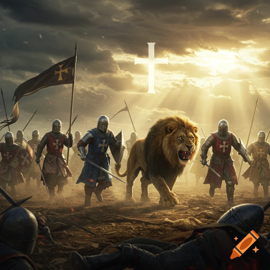 Medieval crusader knights and a roaring lion charge on a battlefield under a glowing cross in a stormy, sunlit sky.