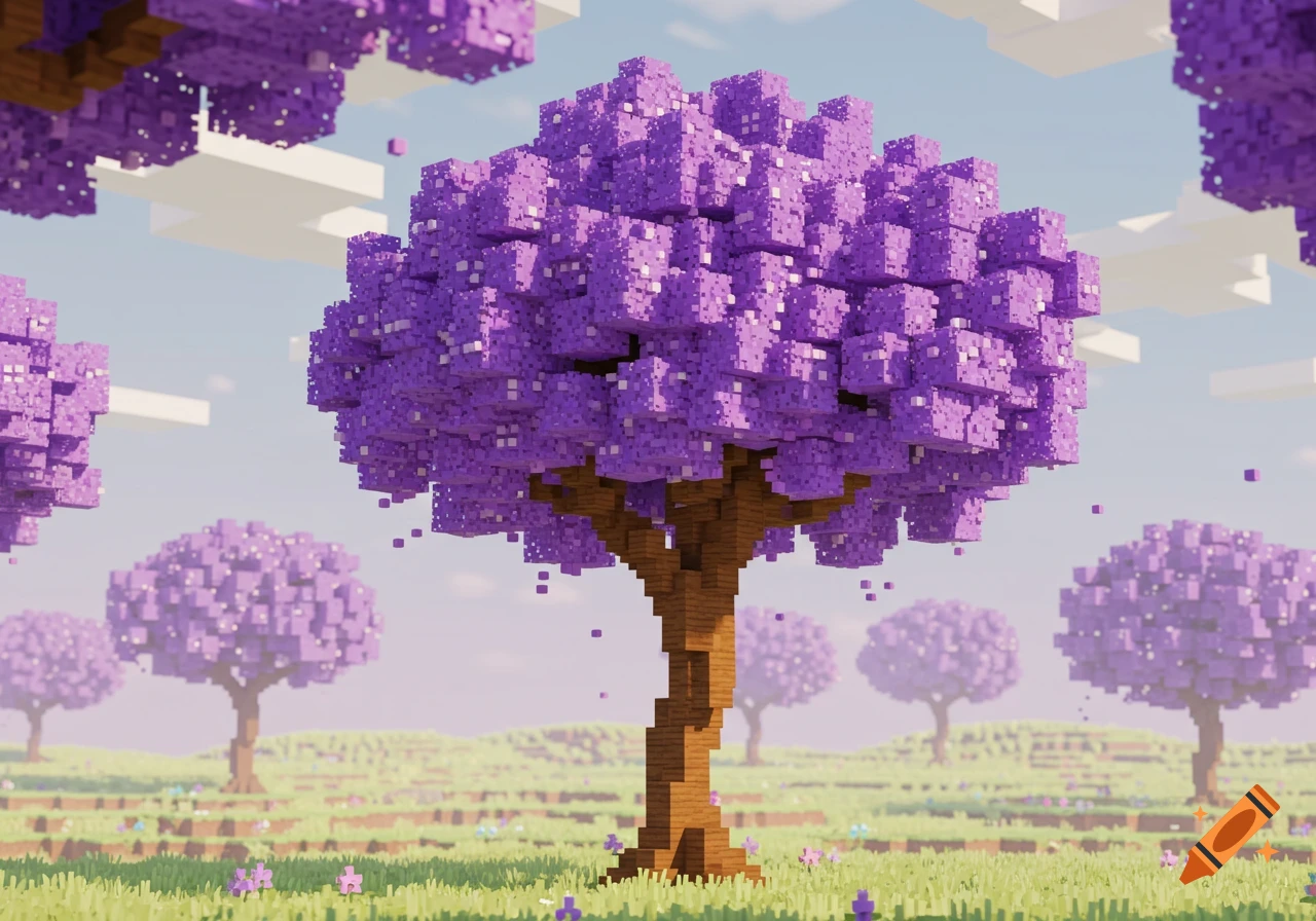 A vibrant voxel-style landscape features purple-blossomed trees on green hills under a bright blue sky with blocky clouds.