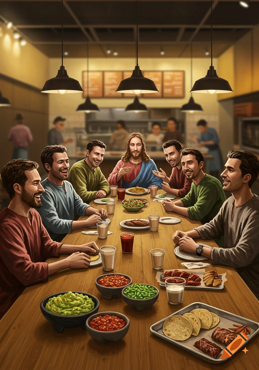 Jesus and eight men share a meal at a long wooden table in a busy Chipotle restaurant.