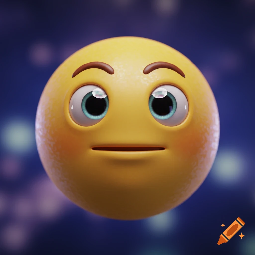 A 3D rendered yellow emoji face with large blue eyes and a straight mouth on a blurred background with bokeh lights.