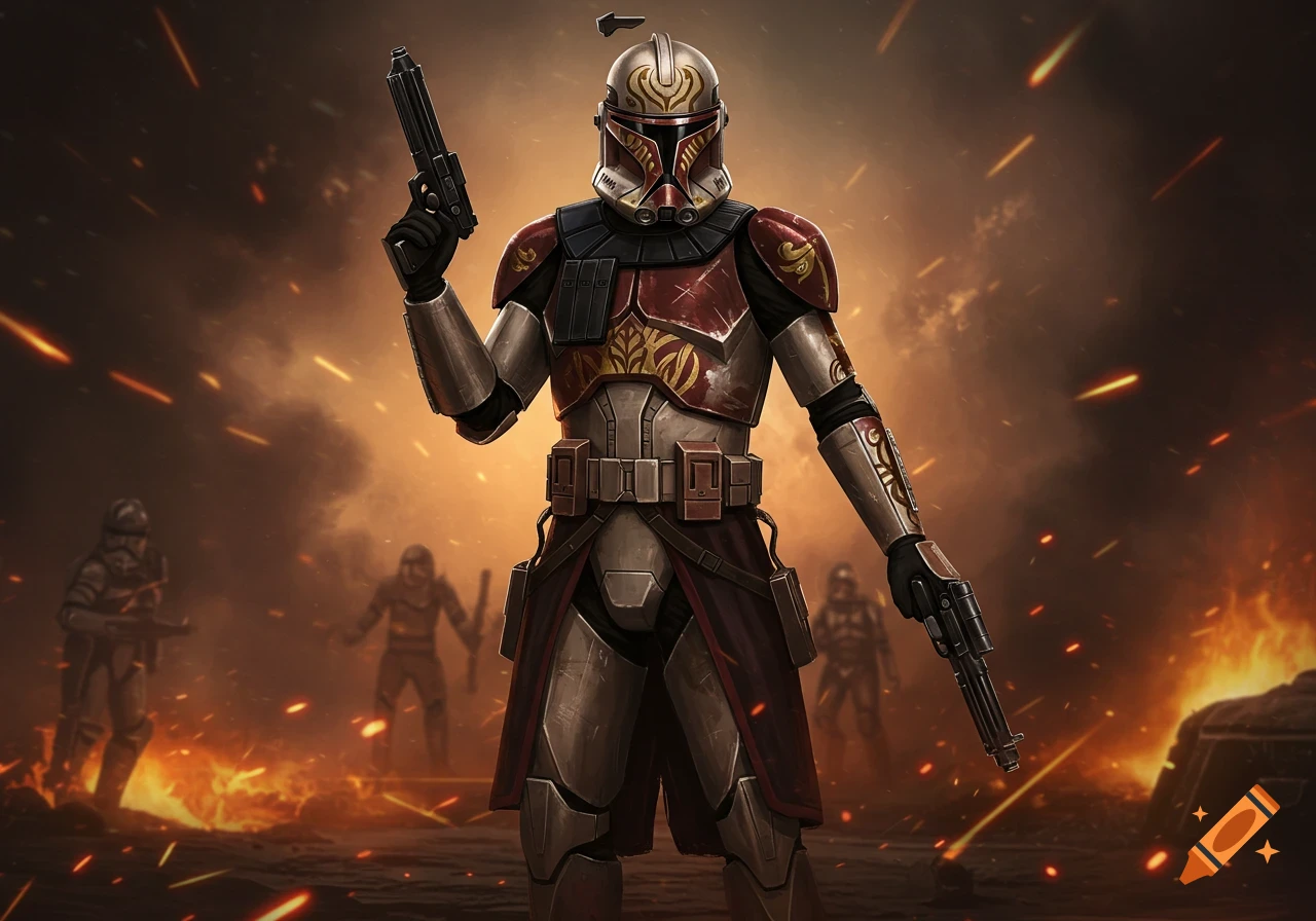 A clone trooper resembling Captain Rex in red and gold armor holds two blasters on a fiery, smoky battlefield.